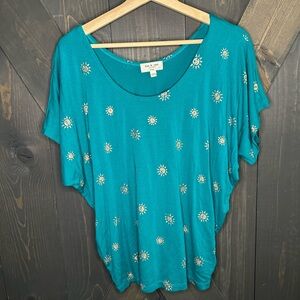 Womens teal blouse with gold suns